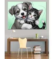 Sarılan Kedi Ve Köpek Dekoratif Kanvas - Mdf Ahşap Tablo