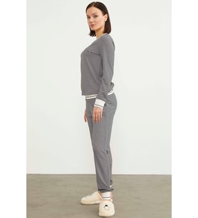 Çizgili Sıfır Yaka Pijama Takım - Siyah