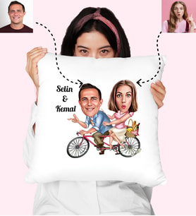 Bisikletli Sevgililer Karikatürlü Kişiye Özel Yastık