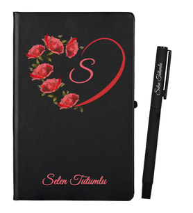 Öğretmene Hediye Kişiye Özel Siyah Defter ve Siyah Roller Kalem Seti