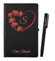 Öğretmene Hediye Kişiye Özel Siyah Defter ve Siyah Roller Kalem Seti