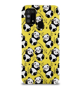 Samsung Galaxy M31 Uyumlu Lansman Kılıf Panda Tasarımlı İçi Kadife Kapak-Sarı (Şeffaf)