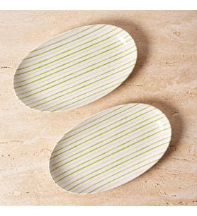GÜRAL PORSELEN Yeşil çizgi desenli Elips 2li 25 cm Porselen Kayık Tabak