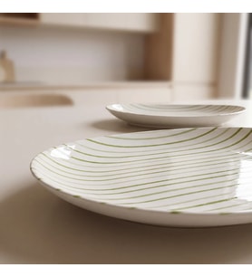 GÜRAL PORSELEN Yeşil çizgi desenli Elips 2li 25 cm Porselen Kayık Tabak