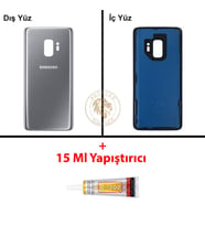 Samsung Galaxy S9 Gri Renk Arka Kapak + B7000 Yapıştırıcı Arka Cam Batarya Kapağı Pil Kapağı Lazer Kesim Back Cover Galaxy S9 Uyumlu
