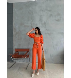 KETEN CROP KARPUZ KOL BLUZ-PANTOLON HASIR KEMERLİ - Orange
