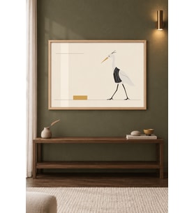 Balıkçıl ve Çizgiler Minimal Bekleyiş Ahşap Çerçeveli Duvar Tablosu