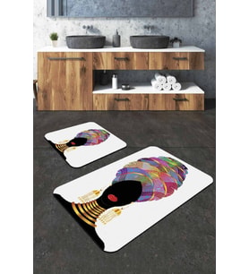 Ekru Etnik Desenli Banyo Halısı Klozet Paspas Seti BS229
