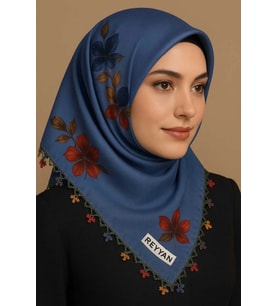 Kenarları Çiçek Desenli El İşi İğne Oyalı Yazma Mavi