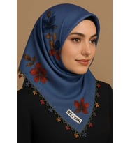 Kenarları Çiçek Desenli El İşi İğne Oyalı Yazma Mavi