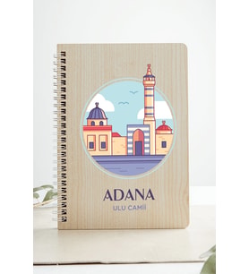 Adana Ulu Camii Şehir Tasarım Ahşap Kapaklı Defter Kraft Kağıt Özel Tasarım (Akçaağaç Rengi )