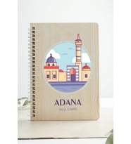 Adana Ulu Camii Şehir Tasarım Ahşap Kapaklı Defter Kraft Kağıt Özel Tasarım (Akçaağaç Rengi )