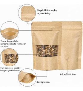 Pencereli Kraft Doypack Dik Duran Poşetler – 50’li Paket, Şeffaf Pencereli, Kilitli (Ziplock) ve Kolay Açma Çentikli, Çok Amaçlı Gıda Saklama Poşetleri (13 cm – 22 cm)