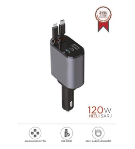 TORİMA G16 120W Süper Hızlı Şarjlı Transmitter Araç Şarj Cihazı – Çift Type-C & Lightning Kablo, Dijital Göstergeli, 80cm Kablo