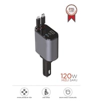 TORİMA G16 120W Süper Hızlı Şarjlı Transmitter Araç Şarj Cihazı – Çift Type-C & Lightning Kablo, Dijital Göstergeli, 80cm Kablo