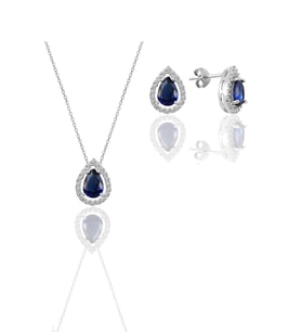 Söğütlü Silver Gümüş beyaz altın rodyumlu safir taşlı damla modeli ikili set