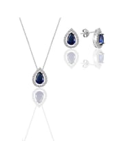 Söğütlü Silver Gümüş beyaz altın rodyumlu safir taşlı damla modeli ikili set