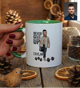 Kişiye Özel Karikatürlü Never Give Up Motivasyon Kupa Bardak Doğum Günü Hediyesi