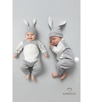 Bebek Tavşanlı Tulum Şapka Set %100 Pamuklu Çıtçıtlı,Ayarlanır Ponponlu Unisex Yenidoğan Tulum Seti (Gri)
