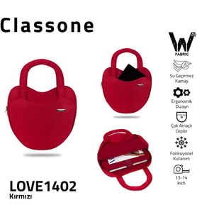 Classone LOVE1402 13-14 Inch WTXPro Su Geçirmez Kumaş, Macbook,Mac Air Laptop El ve Omuz Çantası - Kırmızı