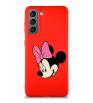 Samsung Galaxy S21 Soft Premier Kapak Minnie Mouse-B Tasarımlı Silikon Kılıf - Kırmızı (Şeffaf)