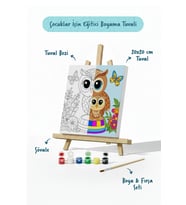Sevimli Baykuş Temalı Çocuk Boyama Tuvali – Şövaleli Eğitici Boyama Seti 20x20 cm