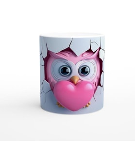 Pembe Kalp Tutan Baykuş Temalı Baskılı Kupa Bardak