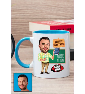 Erkek Felsefe Öğretmenine Hediye Karikatürlü Mavi Kupa Bardak