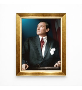 Tablore Atatürk Mavi Fonlu Renkli Portre Tablo - Modern Gold Çerçeve Prestij Serisi
