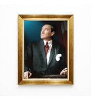 Tablore Atatürk Mavi Fonlu Renkli Portre Tablo - Modern Gold Çerçeve Prestij Serisi