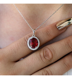 Kırmızı Beyaz Zirkon Oval Taşlı Gümüş Kolye