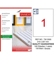 Bilgisayar Etiketi Tw-2000 210x297 mm 100 Lü Lazer Etiket 1 Paket Tanex Davetiye Kargo Etiketi (Beyaz)