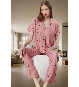 Kısa Kollu Uzun Paçalı Kalpli Pijama Takımı Ev Konforu İçin Mükemmel Seçim (Gül Kurusu)