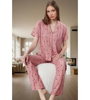 Kısa Kollu Uzun Paçalı Kalpli Pijama Takımı Ev Konforu İçin Mükemmel Seçim (Gül Kurusu)