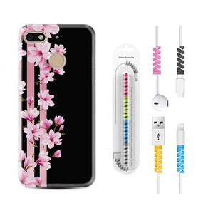 General Mobile GM8 Go GM9 GM20 Pro Plus Kılıf Kablo Koruma Spiral Silikon Pink Flowers 3 1393