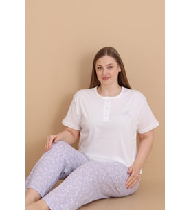 Mirano 4514 Çiçekli Kısa Kollu Pamuklu Penye Büyük Beden Kadın Pijama Takımı