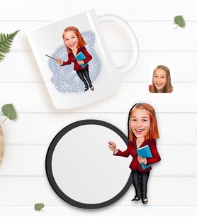 BK Gift Kişiye Özel Kadın Öğretmen Karikatürlü Beyaz Kupa ve Ahşap Bardak Altlığı Hediye Seti-3