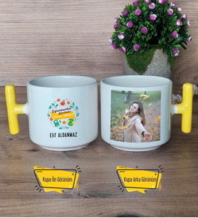 Öğretmenler Günü Hediyesi Kupa Bardak Fotoğraflı T Sarı Kulplu Öğretmenler Günü Hediyesi