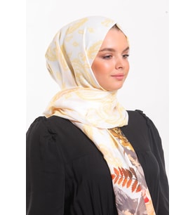 Çiçekli Desen Pavia Seri Şal Eşarp Askısı ile Birlikte 90X200 cm Beyaz Hardal-90