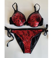 Zi Kırmızı Siyah Pul Payetli İçi Yarım Dolu Kap Push up Bikini Takımı