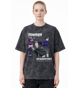 Tasarım Mikasa Ackerman Attack On Titan Anime Baskılı Unisex Oversize Eskitme Yıkamalı Tişört