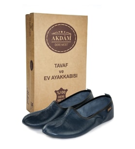 %100 Deri Hac Umre Tavaf Patiği ve Ev Ayakkabısı Lacivert