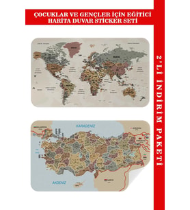 Eğitici Ve Öğretici Dünya Ve Türkiye Haritası Çocuk Odası Duvar Sticker-60x105-3883