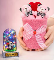 Premium Peluş Ayıcık Buketi ve Kişiye Özel Renkli Işıklı Pandalı Fanus