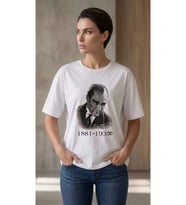 Atatürk Baskılı Tişört Kısa Kollu Bisiklet Yaka T-Shirt - Beyaz