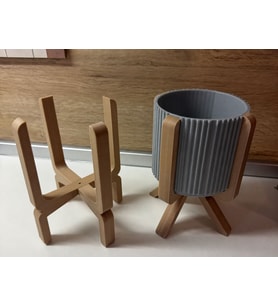 3D Baskı Ayaklı Çizgili Saksı - Bej Standlı Dekoratif Saksı - Gri