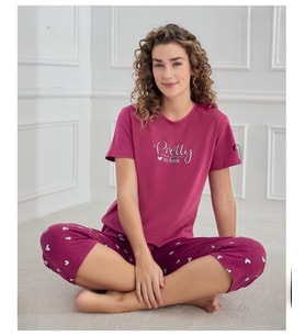 Mihra Kadın Bisiklet Yaka COMPACT PENYE Likralı KAPRİ Kısa Kol Pijama Takımı 90753M - 1 Adet (Mürdüm)