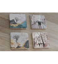 Modern Şehir ve Manzaralar Doğal Taş Bardak Altlığı 4'lü set - Natural Stone Coasters