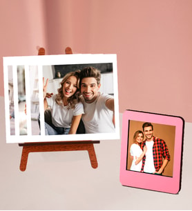 Kişiye Özel 4 Polokart Fotoğraflı Şövale Ve Pembe Ahşap Mdf Çerçeve