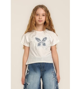 Kız Çocuk Kelebekli Tshirt Krem